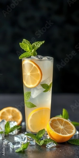 Fototapeta Refreshing lemonade drink garnished with mint leaves and lemon slices on a dark background