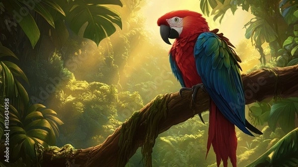 Fototapeta Vibrant Macaw Perched on Tree Branch in Lush Rainforest Environment