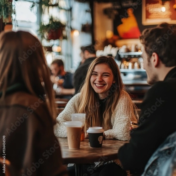 Obraz Happy young adults chatting at a cafe table.