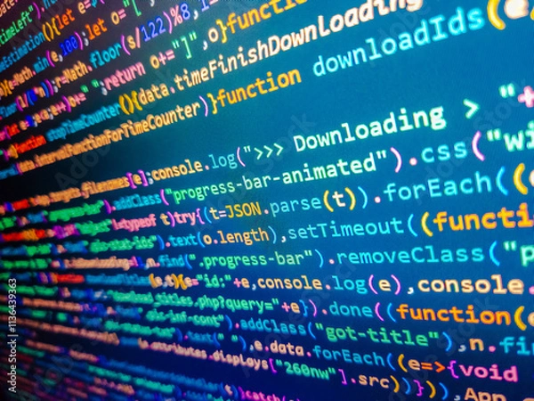 Fototapeta Internet code programming and scripting concept. Double exposure image of computer screen displayed lines of binary code information. Numbers on computer screen. Programming concept. Blue php.