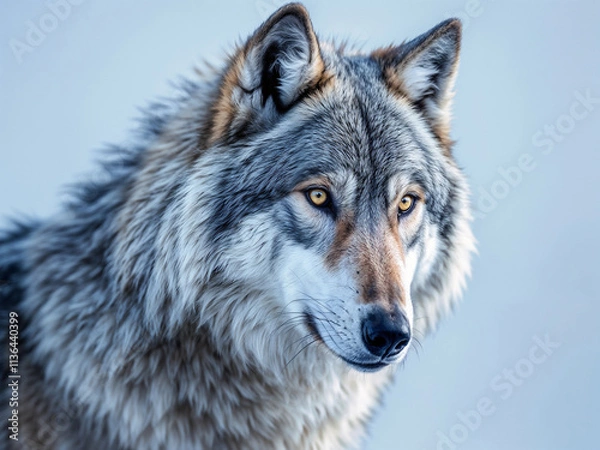 Obraz Gray wolf gazes intently in a soft blue setting looking majestic and powerful