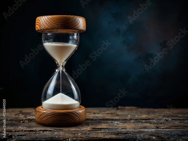 Obraz Hourglass sand flows on wooden surface against dark background representing time passing