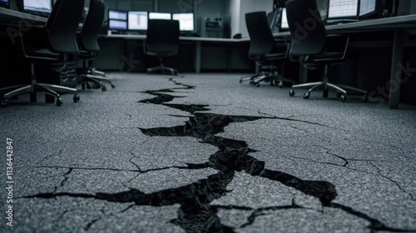 Fototapeta An office with cracked flooring, suggesting damage, possibly from an earthquake or structural failure, surrounded by empty chairs and computer monitors.