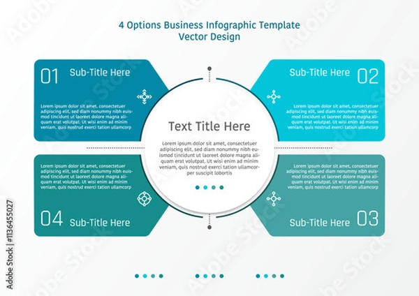 Fototapeta 4 options business infographic template, center circle with four banners at each corner, also with signs and text frame