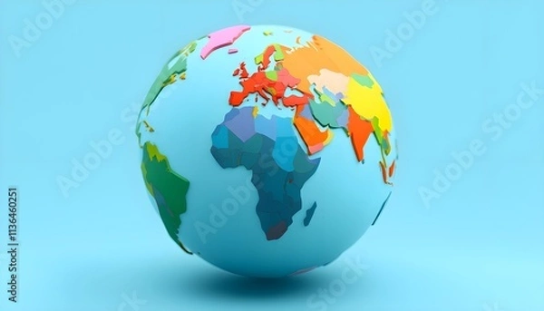 Fototapeta A colorful globe showcasing continents against a light blue background, illustrating global geography and diversity.