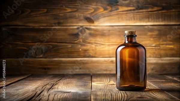 Fototapeta Amber glass bottle with cork stopper on rustic wooden surface