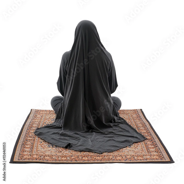 Fototapeta A 3D rendering of a woman praying on a prayer mat in a peaceful pose wearing modest attire isolated against a transparent background ideal for religious or spiritual-themed designs