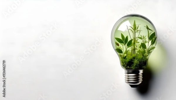 Obraz An eco-friendly lightbulb with plants growing inside, symbolizing renewable and sustainable energy on a white background