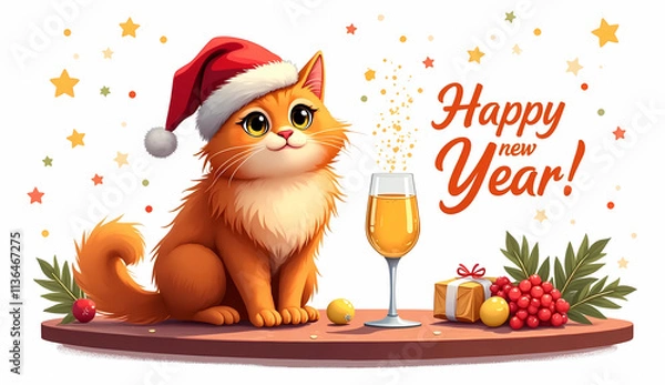 Fototapeta Illustration of a Persian red cat with a flattened face in a Santa Claus hat sitting next to a glass of champagne on a festive table. Happy New Year inscription . The picture does not go beyond the fr