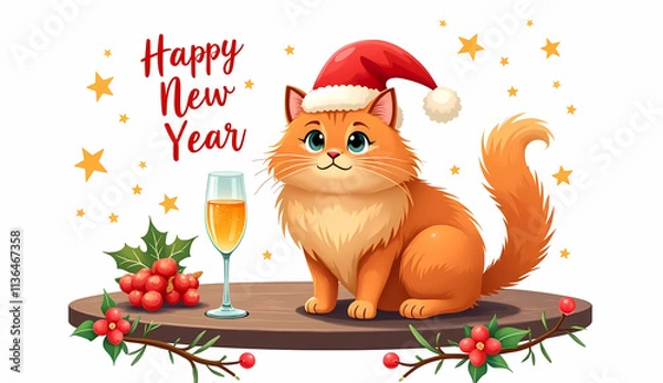 Fototapeta Illustration of a Persian red cat with a flattened face in a Santa Claus hat sitting next to a glass of champagne on a festive table. Happy New Year inscription . The picture does not go beyond the fr