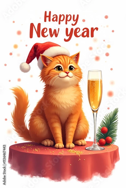 Fototapeta Illustration of a Persian red cat with a flattened face in a Santa Claus hat sitting next to a glass of champagne on a festive table. Happy New Year inscription . The picture does not go beyond the fr