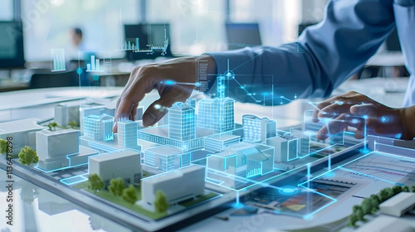 Fototapeta Architect's Vision: A close-up of a digital architect's hand interacting with a 3D model of a futuristic city, showcasing the power of technology in design and innovation. 