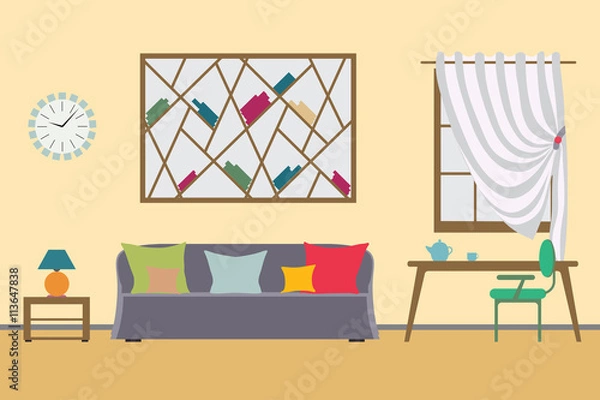 Fototapeta Home Interior flat vector design. Workspace for freelancer and home work and relax. Furniture Set
