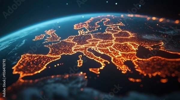 Fototapeta A glowing view of Europe at night from space, showcasing illuminated cities and landscapes against the dark backdrop of the Earth.