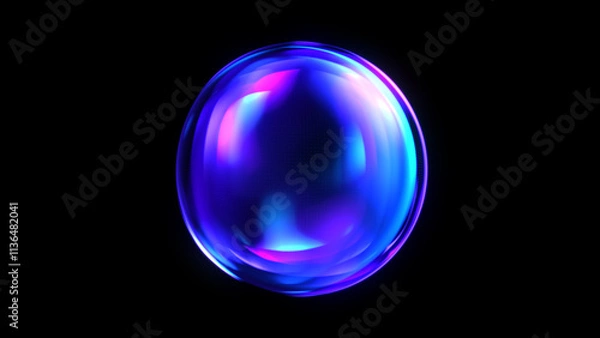 Fototapeta Neon glowing futuristic 3d sphere. Vibrant blue and purple 3d orb reflecting on black. Future technology, artificial intelligence, big data, engineering, and virtual assistant concept.