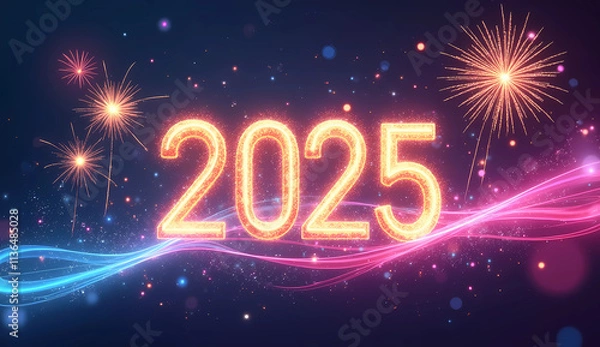 Fototapeta An abstract New Year 2025 wallpaper featuring a dynamic and celebratory design. The artwork includes bold, colorful fireworks in shades of gold, silver, and bright pink, with swirling ribbons of light