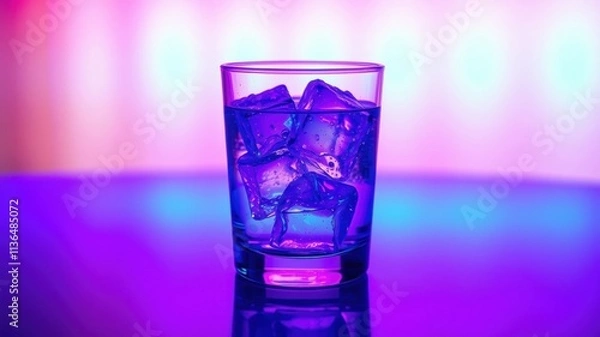 Fototapeta A Refreshing Glass of Water with Ice Cubes Illuminated by Vibrant Purple and Blue Lighting