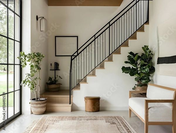 Fototapeta Modern entryway with stairs, plants, and minimalist decor.