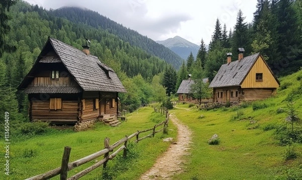 Fototapeta Charming Rustic Village Surrounded by Lush Green Forests and Majestic Mountains