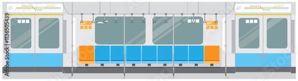 Fototapeta a drawing of an empty subway train inside side view with the front facing windows and doors