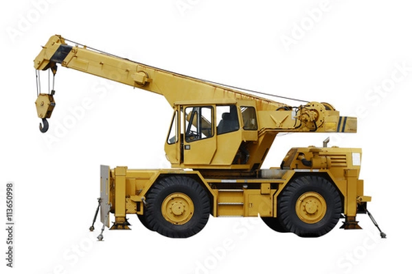 Obraz Stock Photo:  Industrial mobile crane Demag and hook on white ba