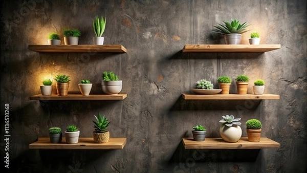 Fototapeta Modern minimalist interior design featuring multiple wooden shelves with various potted succulents and plants against a textured dark gray wall.