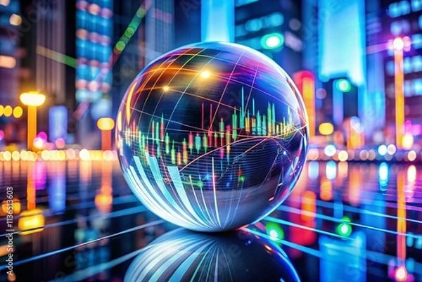 Fototapeta Futuristic Crystal Ball Economic Forecast: Stock Market Prediction, Data Visualization, Digital Trends