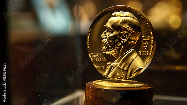 Obraz Nobel Peace Prize Medal: Close-up of the Nobel Peace Prize medal, a symbol of global peace and human rights.