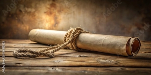 Fototapeta An ancient scroll tied with thick rope rests on a rustic wooden surface