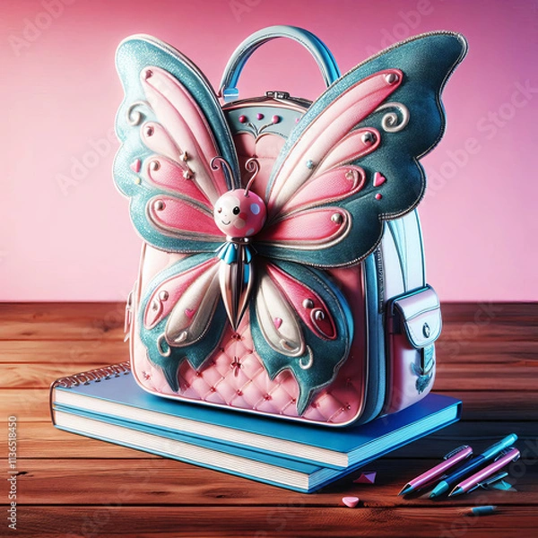 Obraz Adorable Butterfly Backpack Pink and Turquoise Design with Playful, Whimsical Details