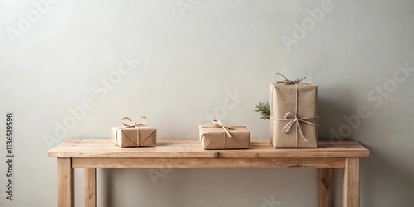 Fototapeta Three simply wrapped gifts sit on a wooden shelf against a neutral backdrop