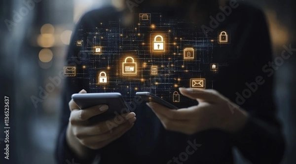 Fototapeta Individual holding smartphone with floating icons of security, cloud storage