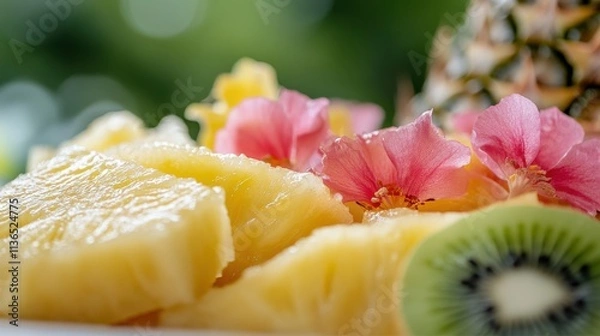 Fototapeta Tropical fruit fusion workshop pineapple kiwi and exotic delights a beachside retreat