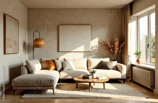 Obraz Modern interior japandi style design livingroom. Lighting and sunny scandinavian apartment with plaster and wood. Mocha Mousse - color