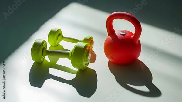 Obraz Fitness equipment lime green dumbbells and red kettlebell casting shadows on a white surface.  Perfect for health, wellness, and exercise concepts.