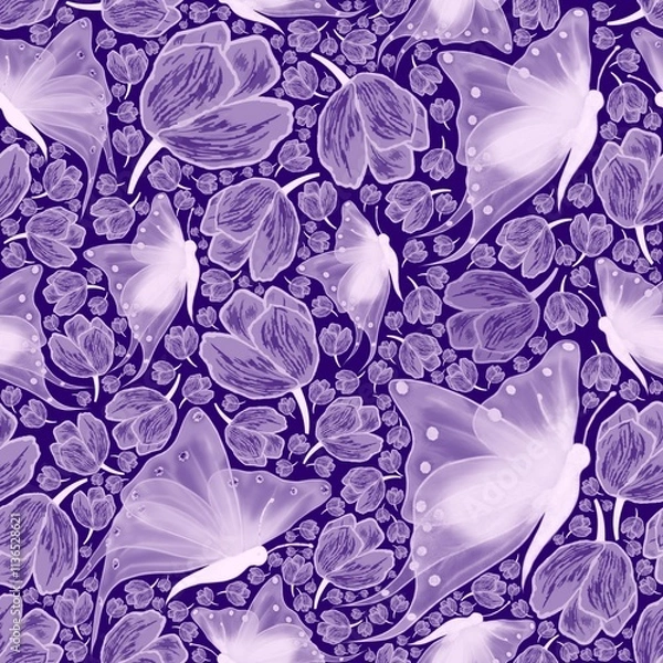 Fototapeta White transparent butterflies and tulips seamless repeating pattern on violet background. Floral pattern, background.