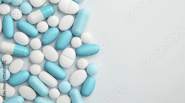 Fototapeta Close up of various blue and white medical capsules and tablets arranged on light background, showcasing their shapes and colors. This highlights diversity of pharmaceutical products