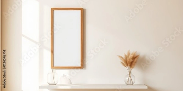 Fototapeta Minimalist home interior design featuring a blank frame, pampas grass, and glass vases on a shelf