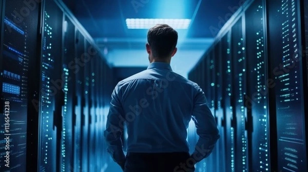 Fototapeta data center technician inspecting servers