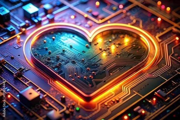 Fototapeta Long Exposure Heart Circuit Board Photography: Electronic Art, Abstract Technology, PCB Heart, Glowing Circuits, Digital Love, Tech Romance, Electronic Heartbeat