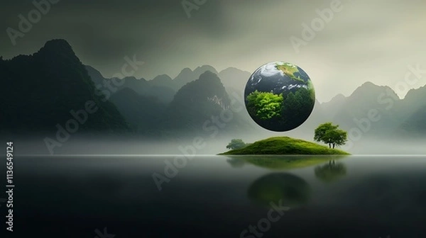 Obraz A conceptual environmental scene with a floating Earth sphere, Asia-centric geography including Thailand, vibrant forests, photorealistic soft lighting, 8K resolution clarity, surreal minimalist 