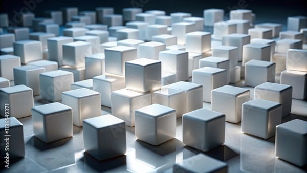 Fototapeta Low Light Photography Cubes: Clean White Plastic Cubes in Dark Ambient Lighting