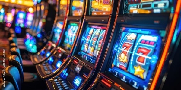 Obraz Brightly lit casino slot machines creating a vibrant atmosphere during late-night gaming activity