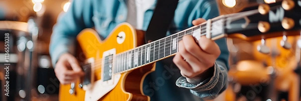 Fototapeta A musician passionately playing an electric guitar, showcasing skill and creativity in vibrant setting filled with warm lights. focus is on guitar and players technique