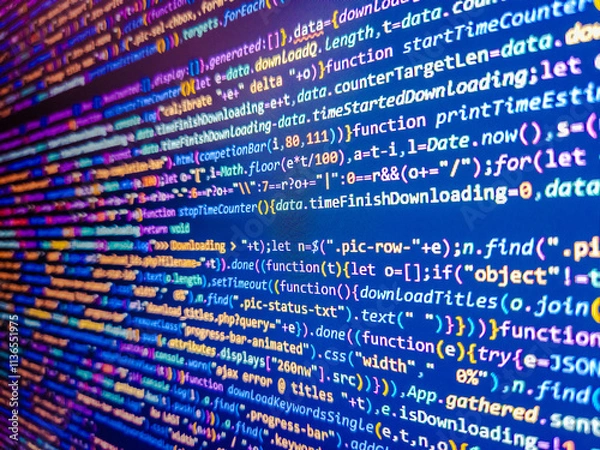 Fototapeta Light blue abstract  computer code. Web programming with compressed css code. Programming code screen of software developer. Abstract screen of web developer. Web server data on a monitor.