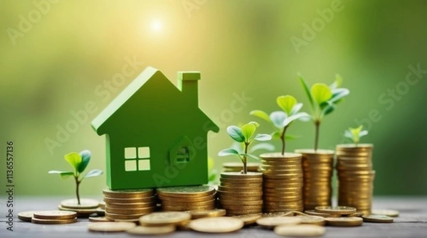Fototapeta A miniature green house sits atop a pile of gold coins, with small plants sprouting nearby, illuminated by a soft light. This symbolizes growth, investment, and financial prosperity in sustainable