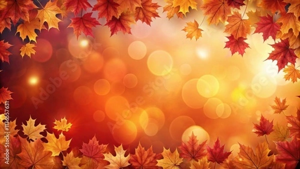 Fototapeta Autumnal Background Featuring Vibrant Maple Leaves and a Warm, Bokeh-Filled Sky