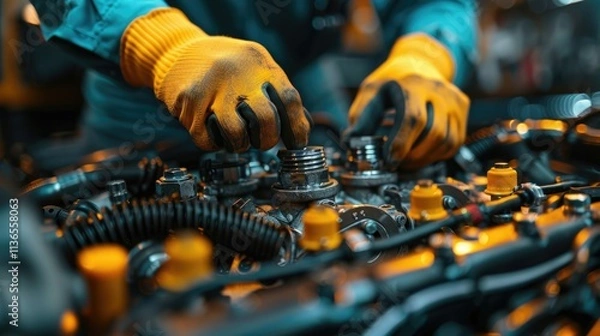 Obraz Close-up view of a mechanic assembling engine components in a workshop setting