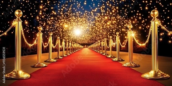Fototapeta Red Carpet Pathway with Golden Stanchions and Starry Lights, Red carpet , award ceremony, celebrity, Generative Ai