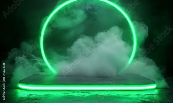 Fototapeta Green Neon Glow with Smoke and Platform, product display, 3D rendering, neon light , smoke effect, Generative Ai